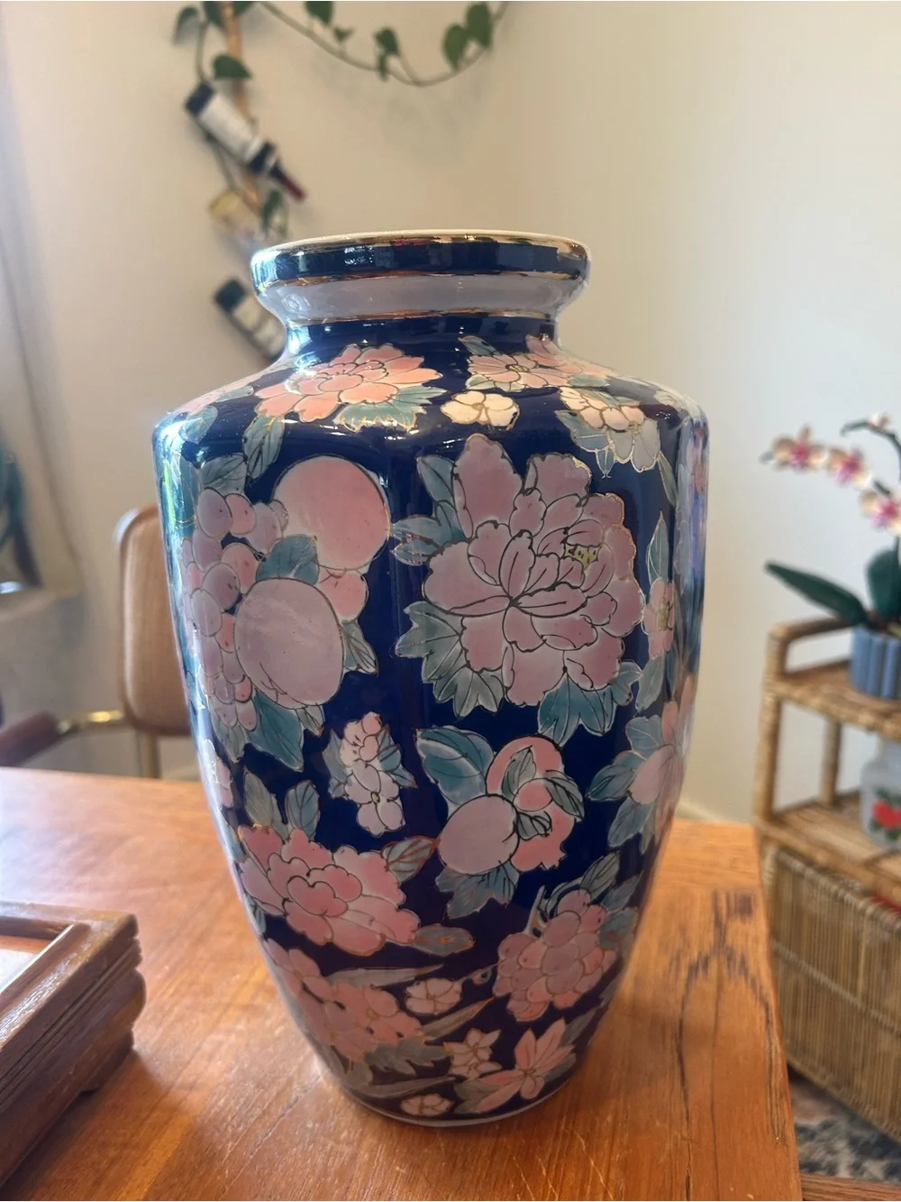 Vintage Pier 1 Cobalt Blue Floral Porcelain Vase | Hand Painted Pink Flowers